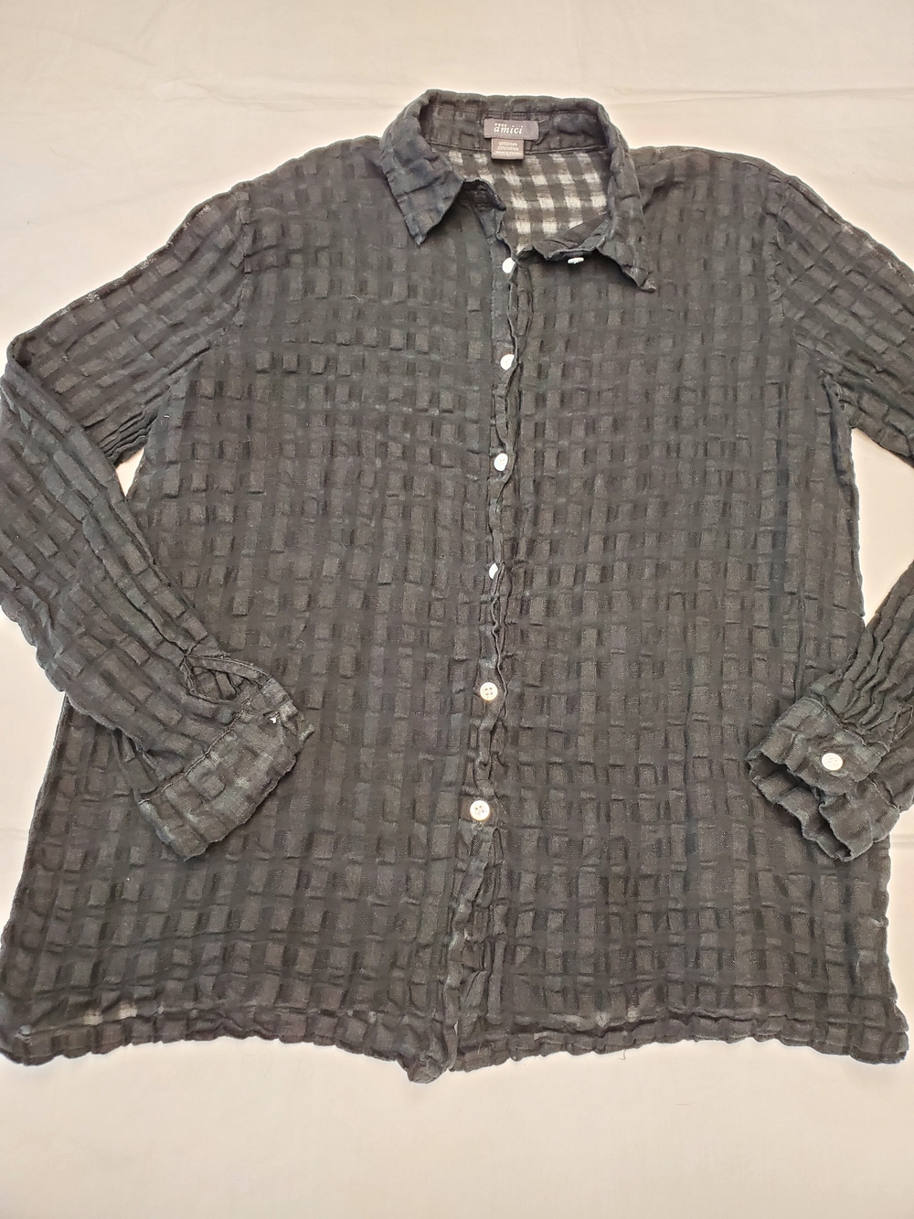 Pure Amici Linen Blend Button Down Shirt L Black Textured Gauze Sheer